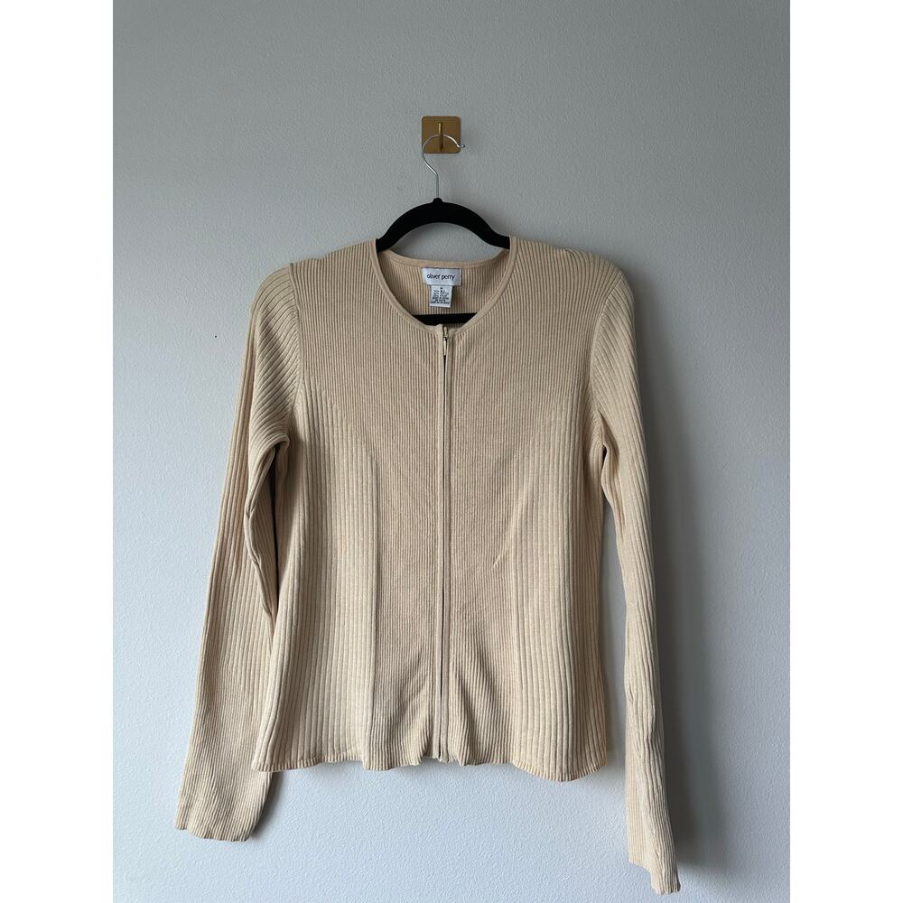 Vintage 90s Silk Blend Ribbed Zip Cardigan Beige  90s Minimalist Style Size M